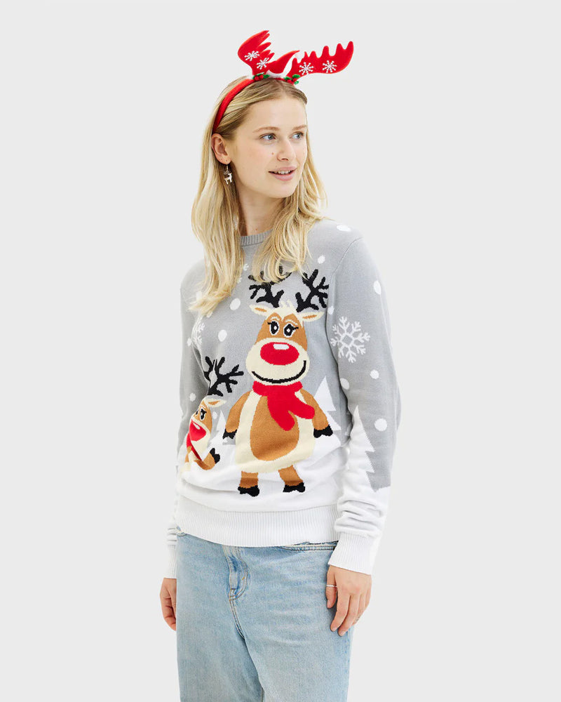 Grey Organic Cotton Cute Reindeers Womens Ugly Christmas Sweater