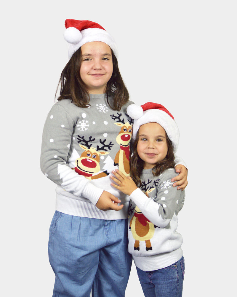 Children Grey Organic Cotton Cute Reindeers Ugly Christmas Sweater