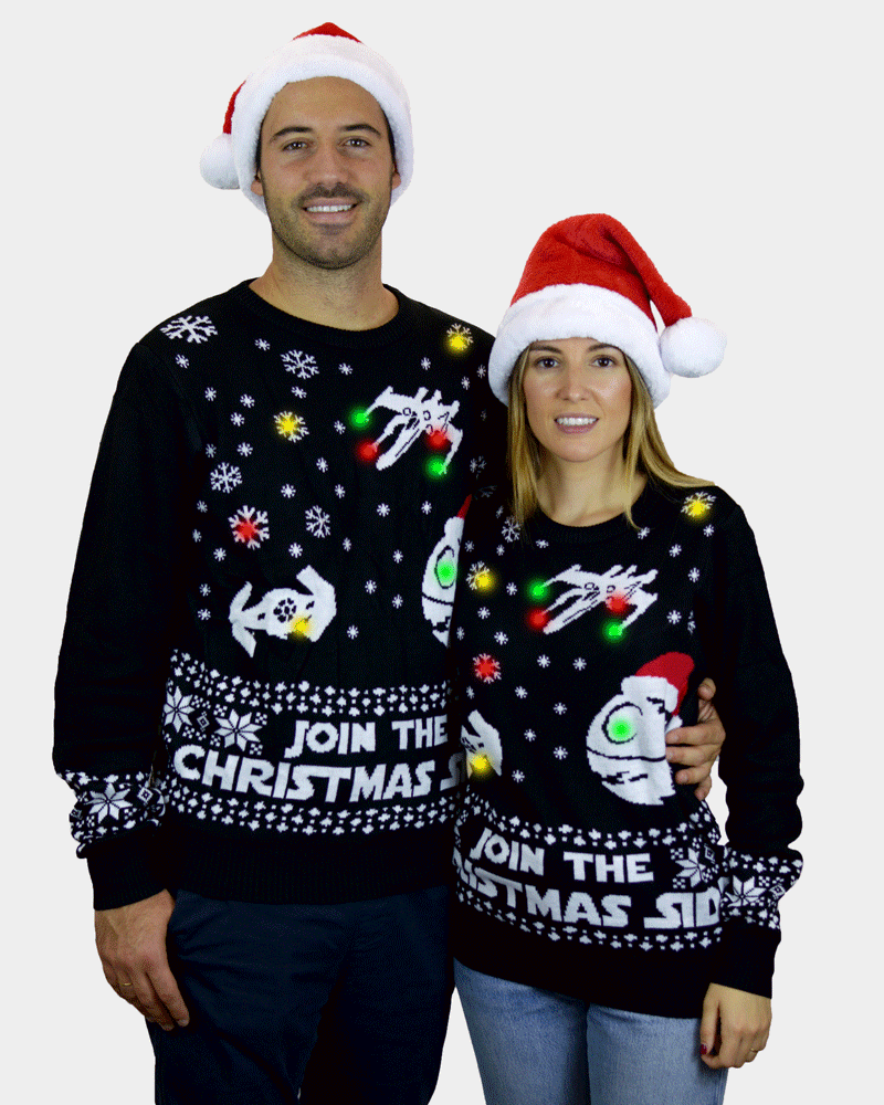 Join the Christmas Side LED light-up Ugly Christmas Sweater Couple
