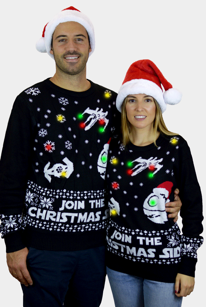Join the Christmas Side LED light-up Ugly Christmas Sweater Couple