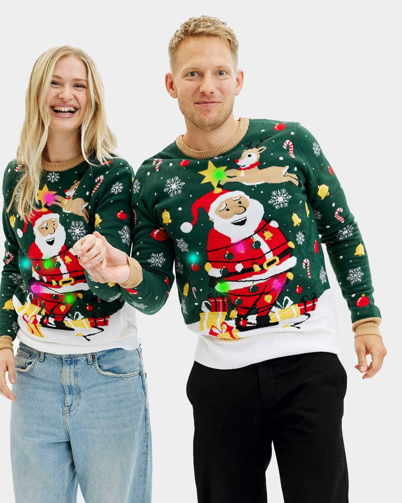 LED light-up Couples Ugly Christmas Sweater Santa Claus in a mess