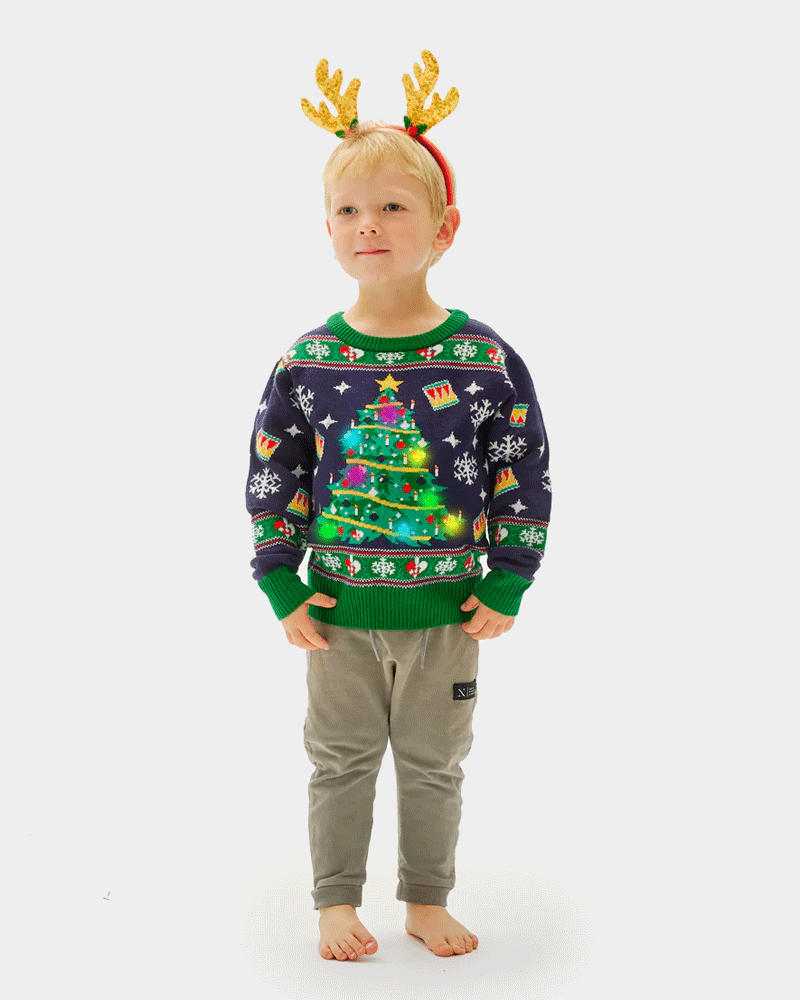 Blue LED light-up Boys Ugly Christmas Sweater with Christmas Tree