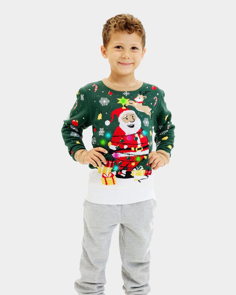 LED light-up Boys and Girls Ugly Christmas Sweater Santa Claus in a mess