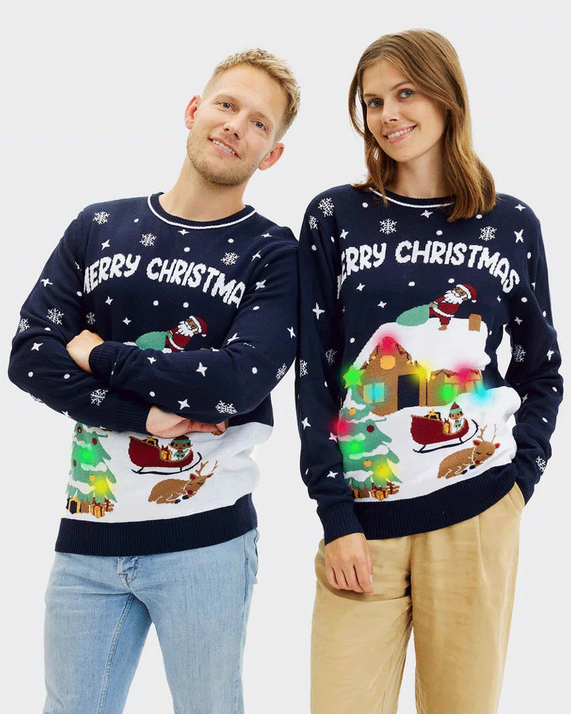 LED light-up Couple's Blue Ugly Christmas Sweater  Merry Christmas