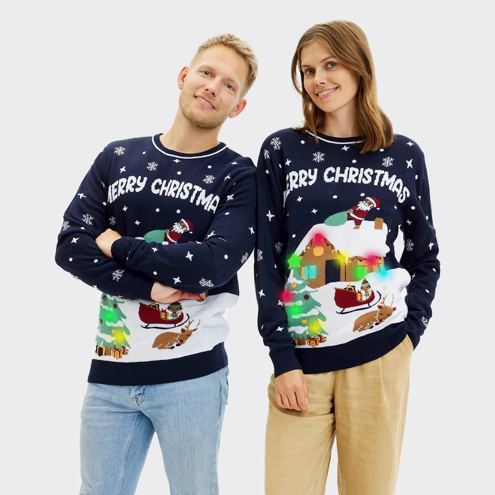 LED light-up Couple's Blue Ugly Christmas Sweater Merry Christmas