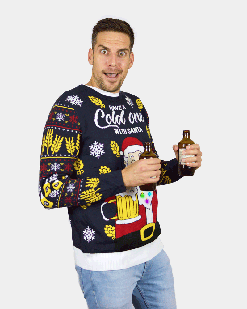 LED Light-Up Couple's Ugly Christmas Sweater Mens Santa with Beer