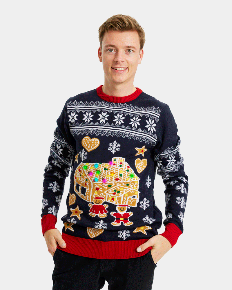 LED light-up Couple's Ugly Christmas Sweater with Gingerbread House mens