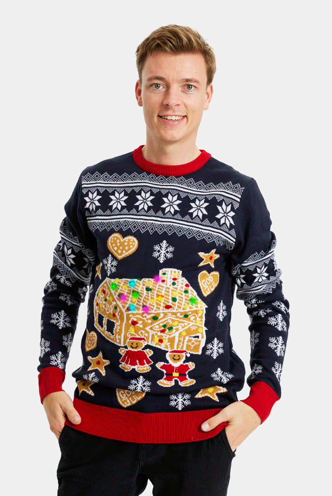 LED light-up Couple's Ugly Christmas Sweater with Gingerbread House mens