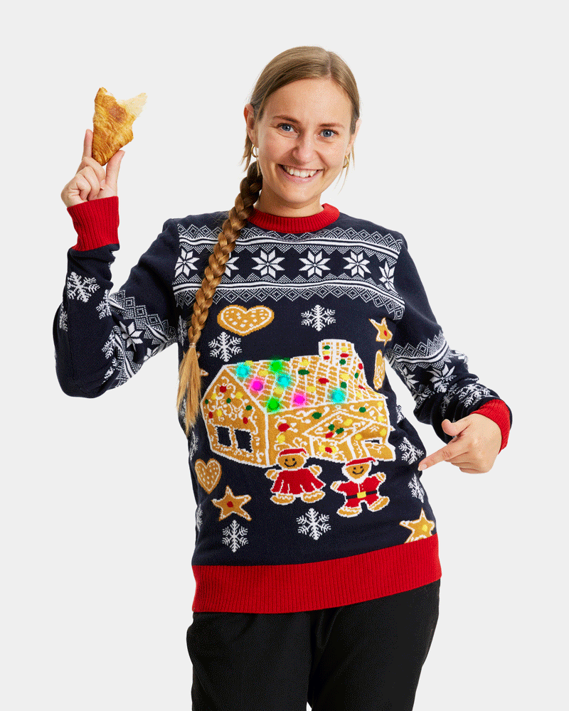 womens LED light-up Couple's Ugly Christmas Sweater with Gingerbread House