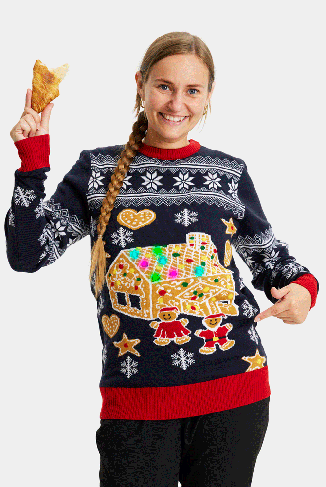 womens LED light-up Couple's Ugly Christmas Sweater with Gingerbread House