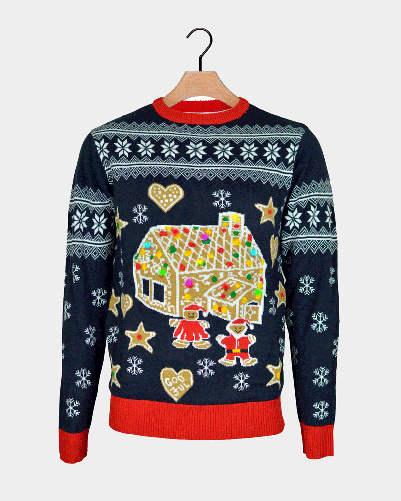 LED light-up Couple's Ugly Christmas Sweater Gingerbread House