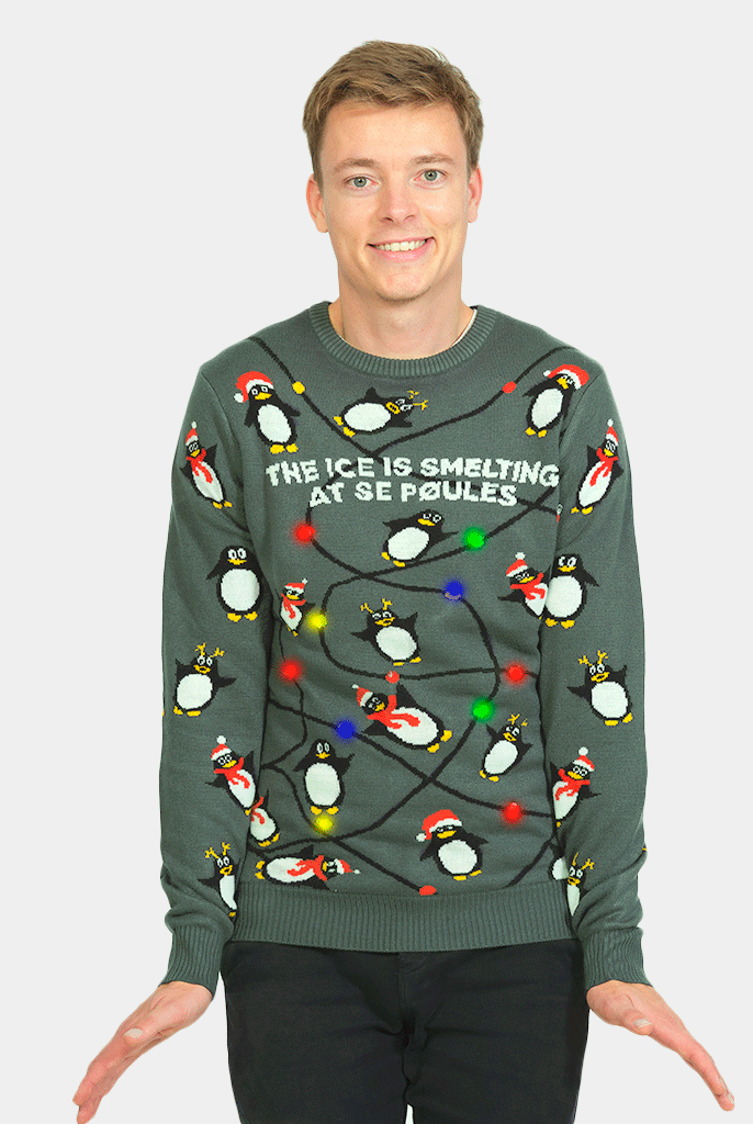 mens LED light-up Couple's Ugly Christmas Sweater with Penguins