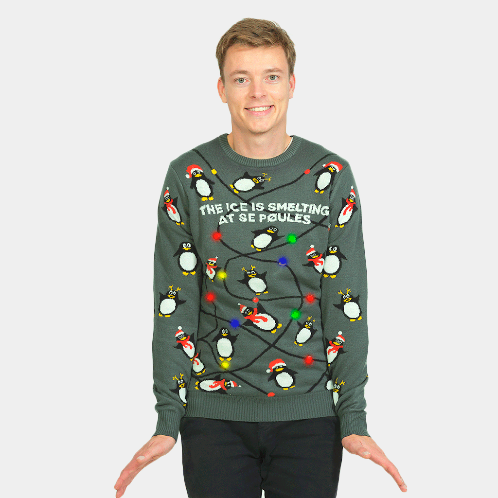 mens LED light-up Couple's Ugly Christmas Sweater with Penguins