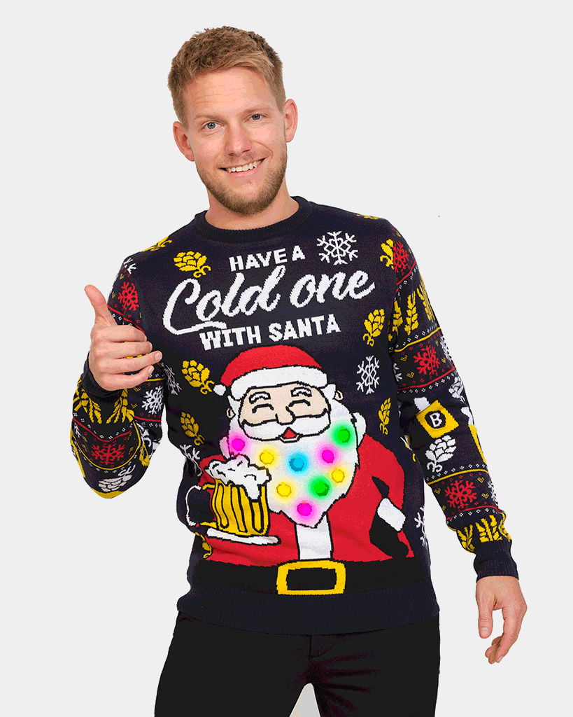 LED Light-Up Couple's Ugly Christmas Sweater Santa with Beer mens