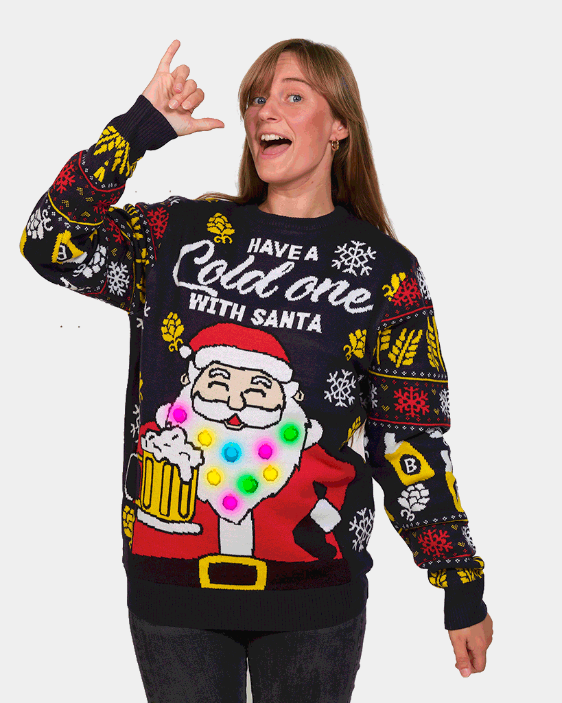 LED Light-Up Couple's Ugly Christmas Sweater Santa with Beer womens