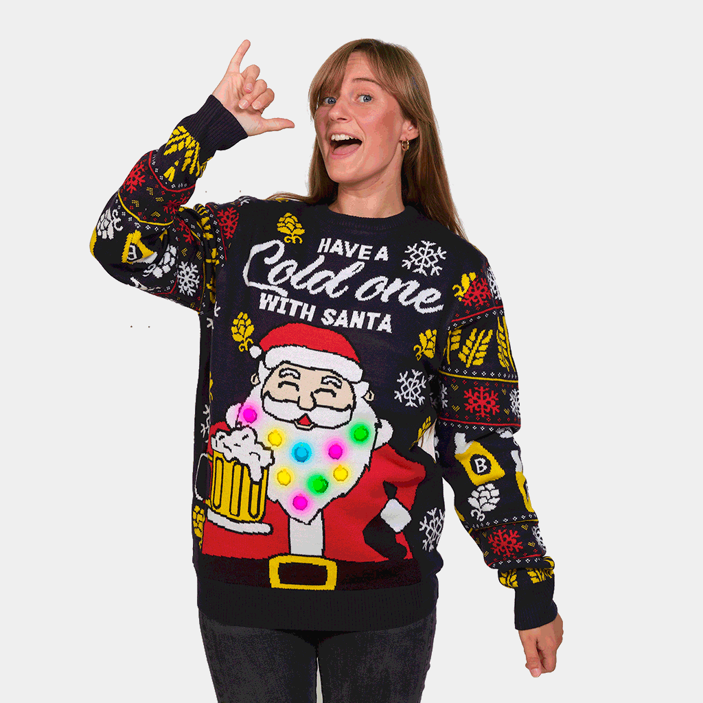 LED Light-Up Couple's Ugly Christmas Sweater Santa with Beer womens