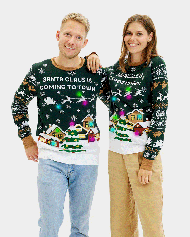 LED light-up Couples Ugly Christmas Sweater Santa is Coming to Town