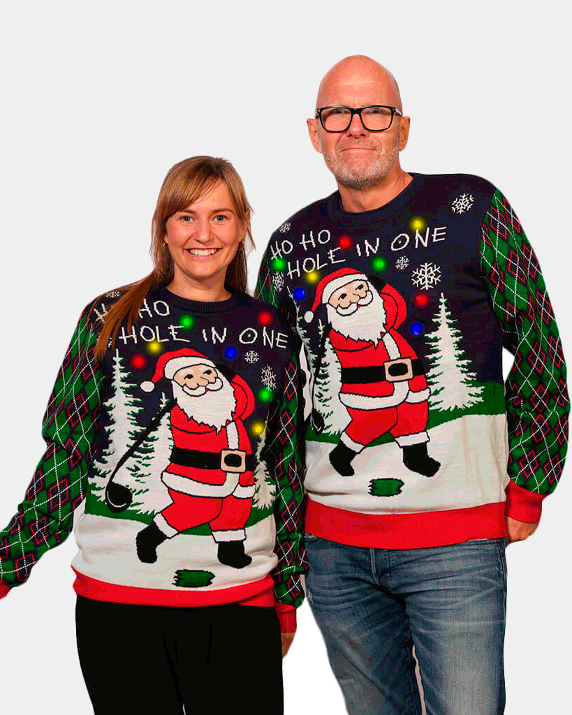 LED light-up Couple's Ugly Christmas Sweater with Santa playing Golf