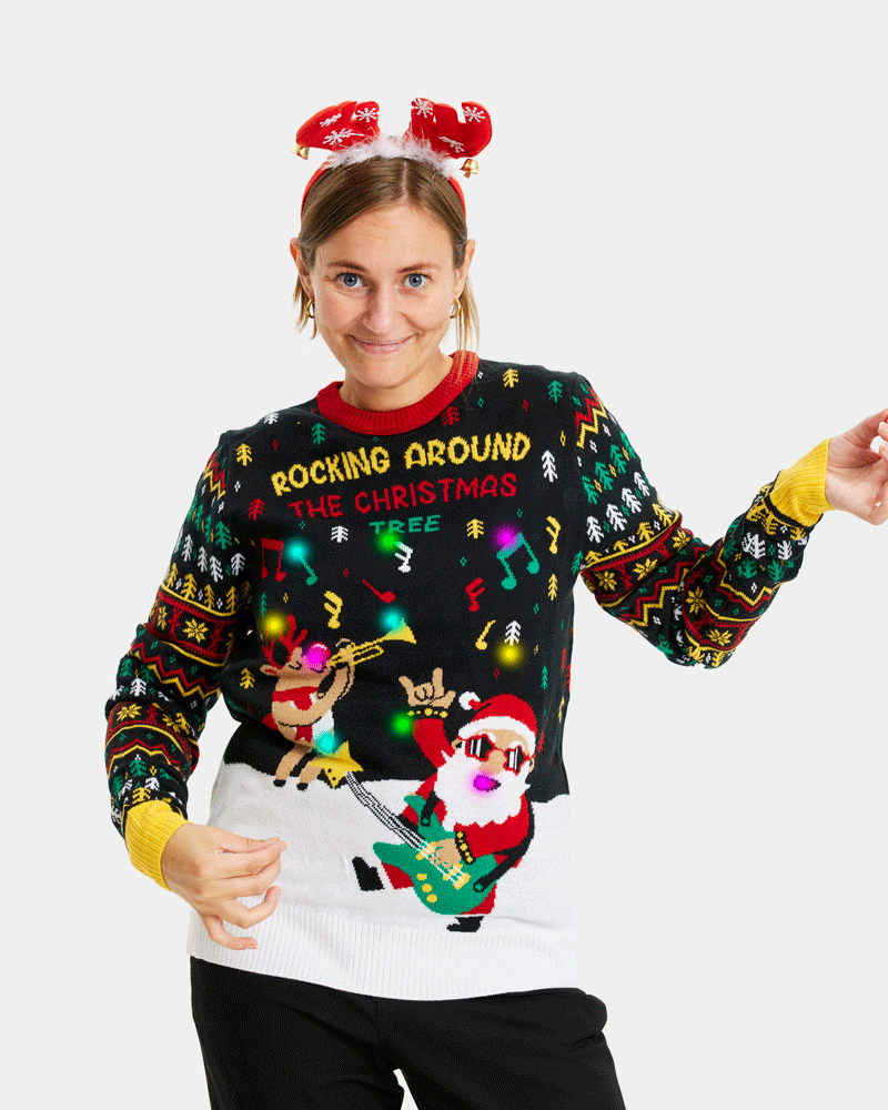 womens LED light-up Couple's Ugly Christmas Sweater Santa Rocker