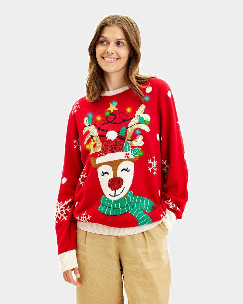 LED light-up Couples Ugly Christmas Sweater Sparkling Sequin Reindeer Women