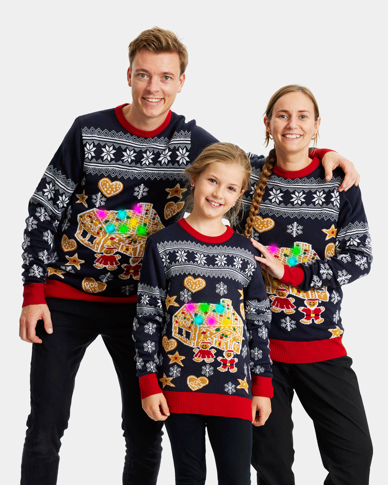 LED light-up Family Ugly Christmas Sweater with Gingerbread House