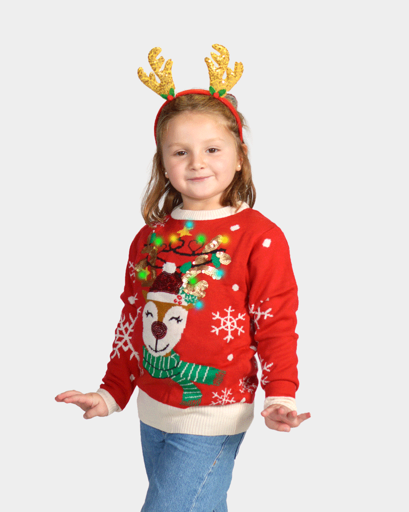 LED light-up Family Ugly Christmas Sweater Sparkling Sequin Reindeer Children