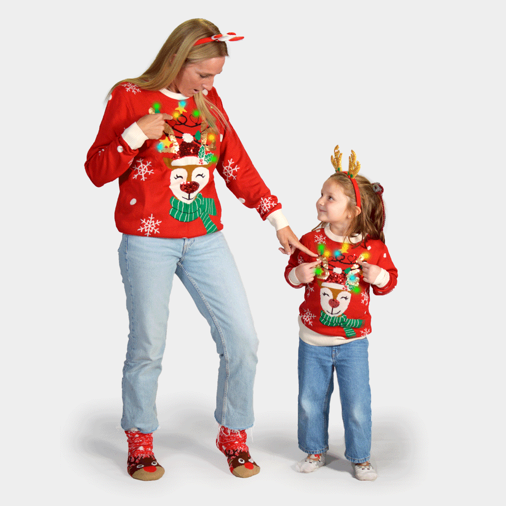LED light-up Family Ugly Christmas Sweater Sparkling Sequin Reindeer