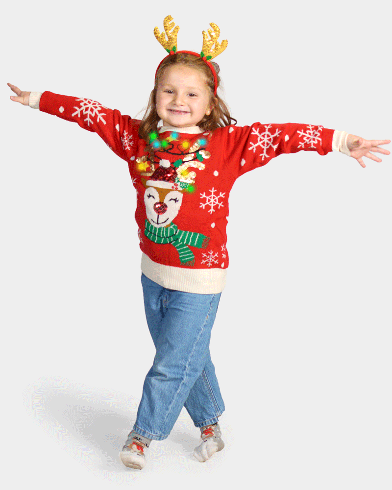LED light-up Girls Ugly Christmas Sweater Sparkling Sequin Reindeer