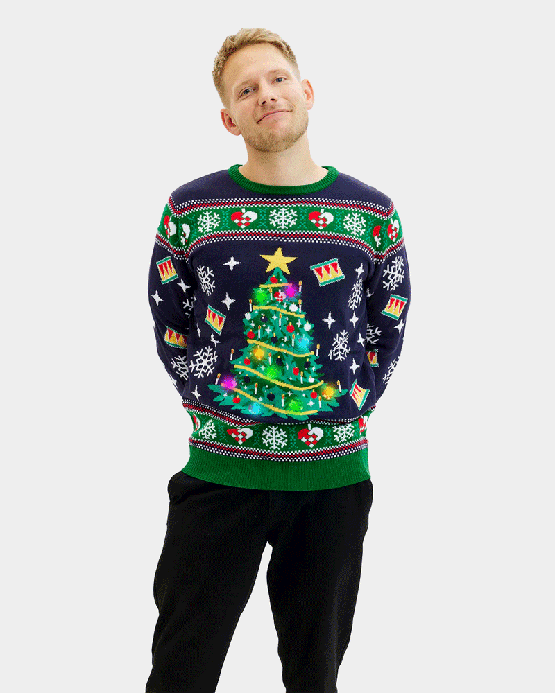 Blue LED light-up Men Ugly Christmas Sweater with Christmas Tree