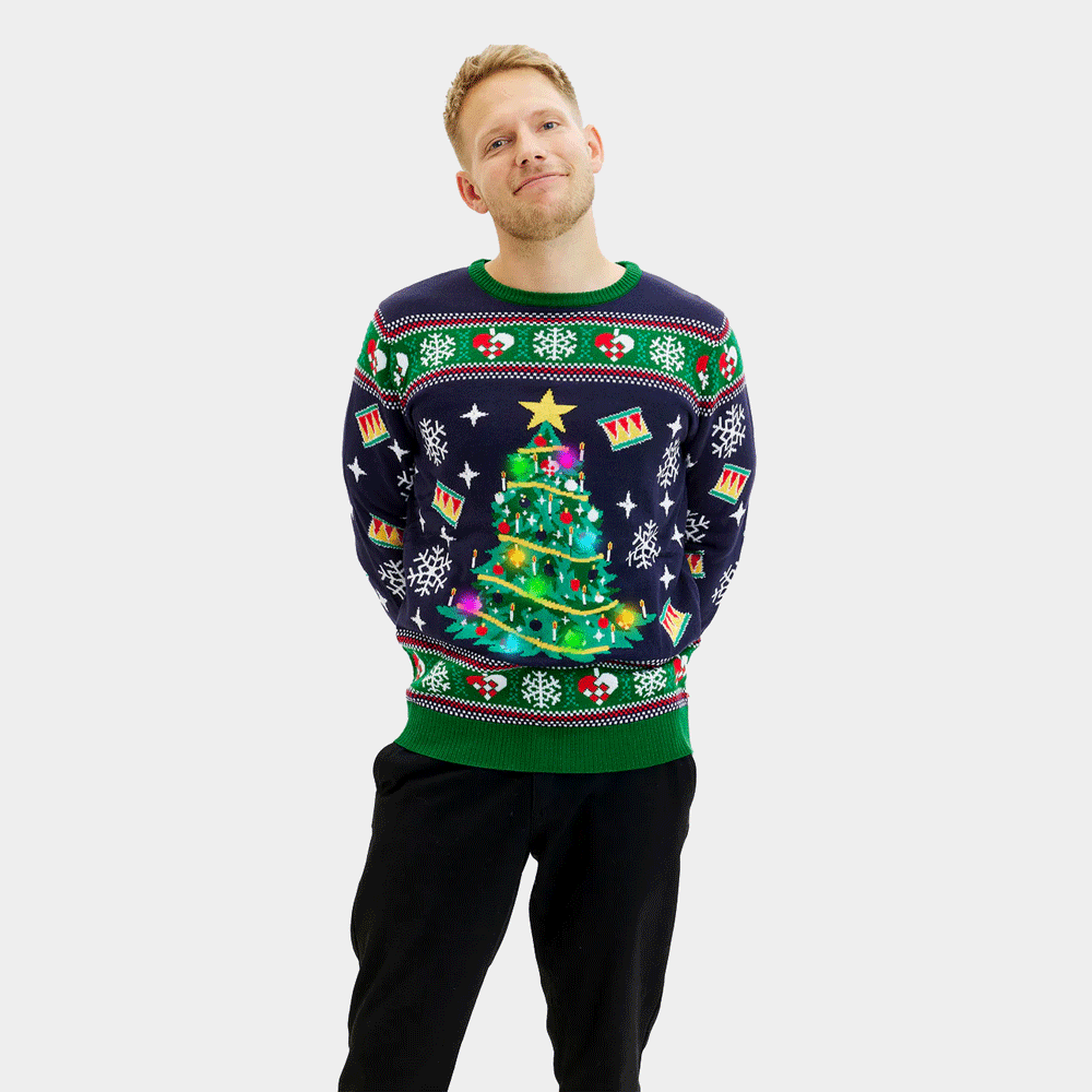 Blue LED light-up Men Ugly Christmas Sweater with Christmas Tree