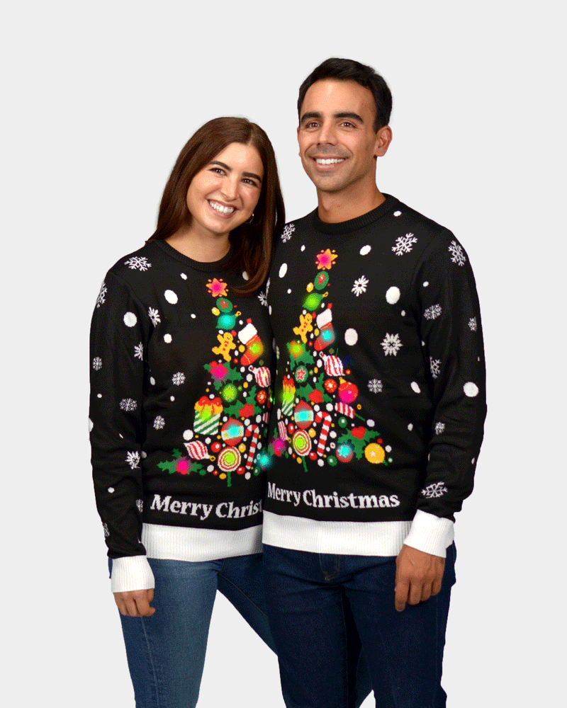 Christmas Tree LED light-up Men's Black Womens Ugly Christmas Sweater