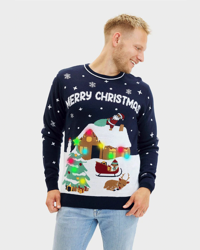 LED light-up Men's Blue Ugly Christmas Sweater Merry Christmas