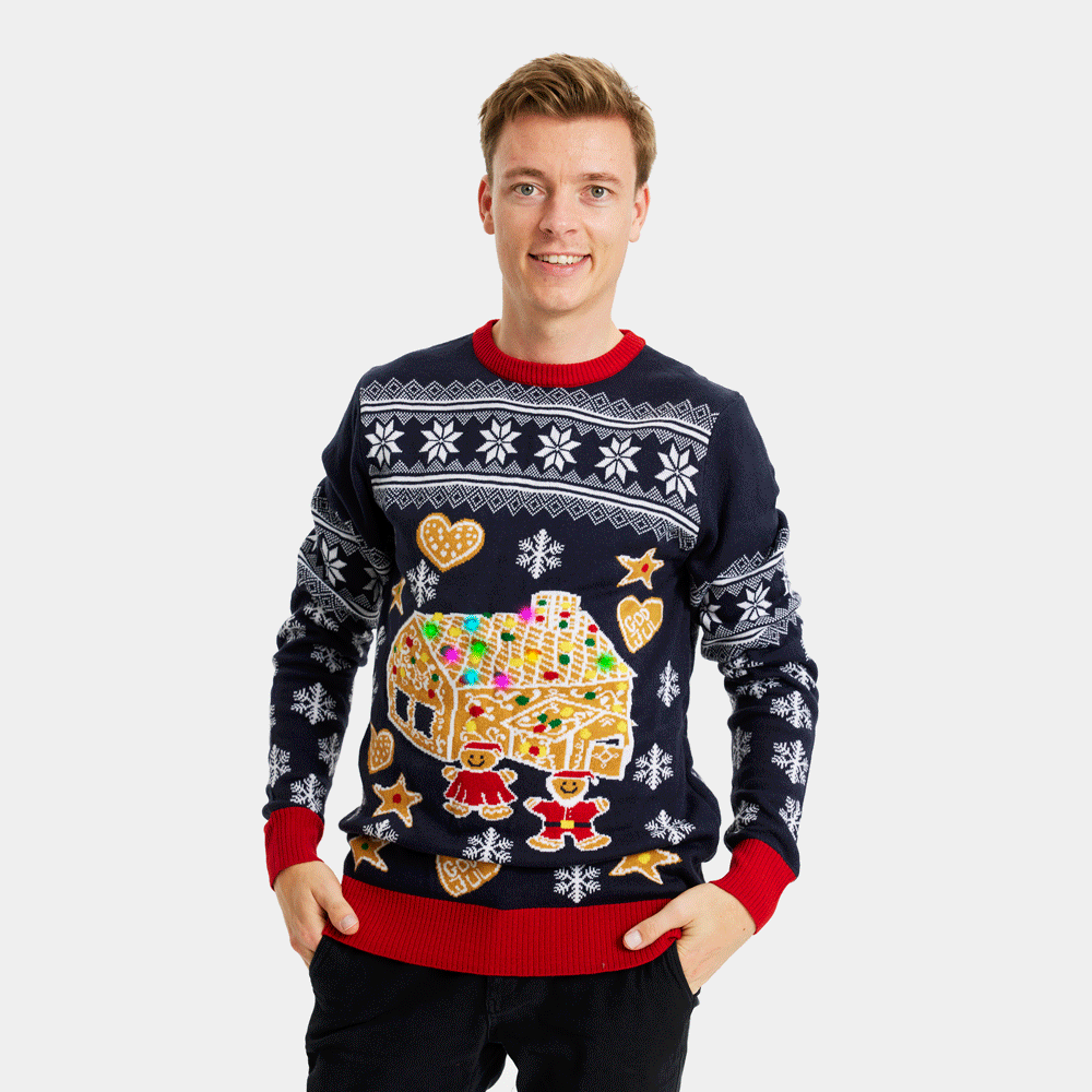 Mens LED light-up Ugly Christmas Sweater with Gingerbread House