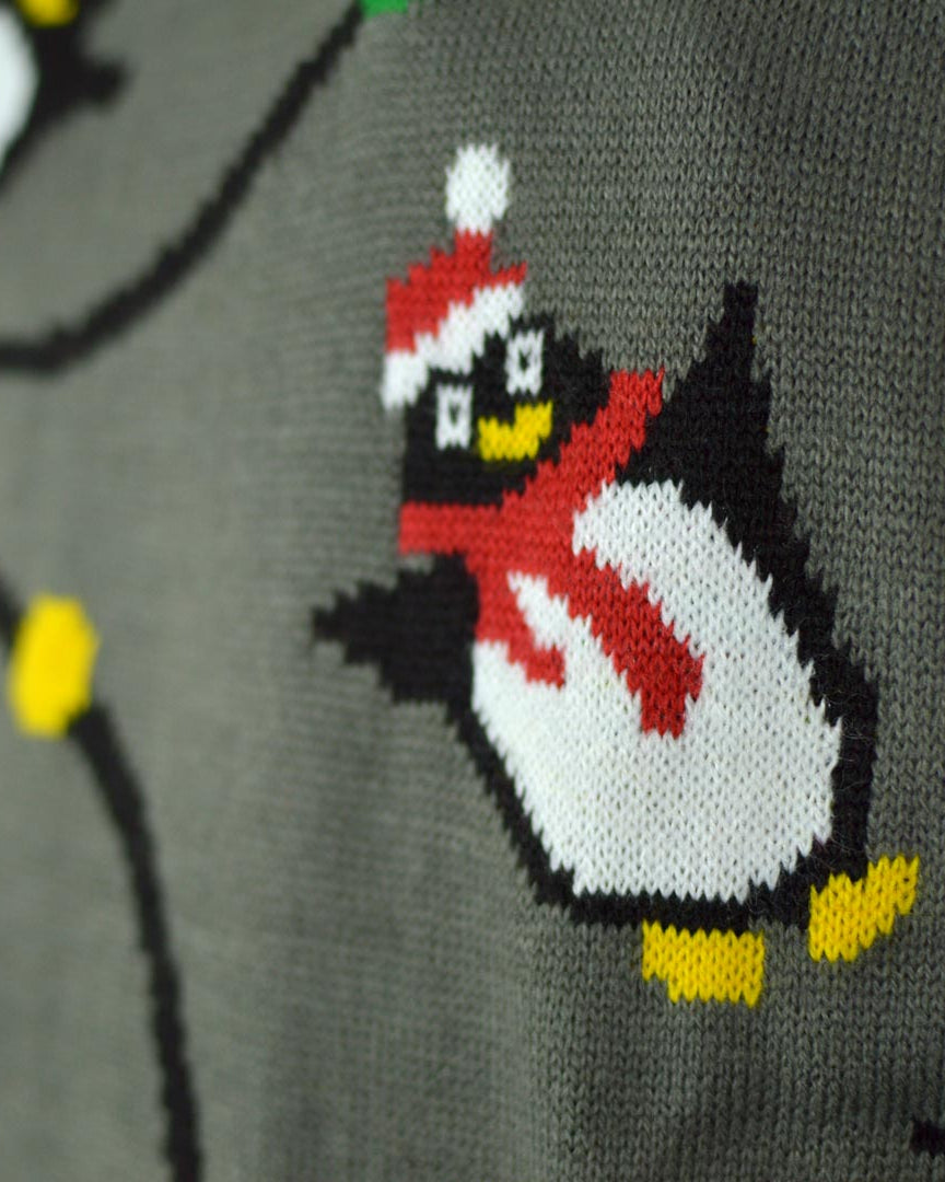 LED light-up Men's Ugly Christmas Sweater with Penguins detail
