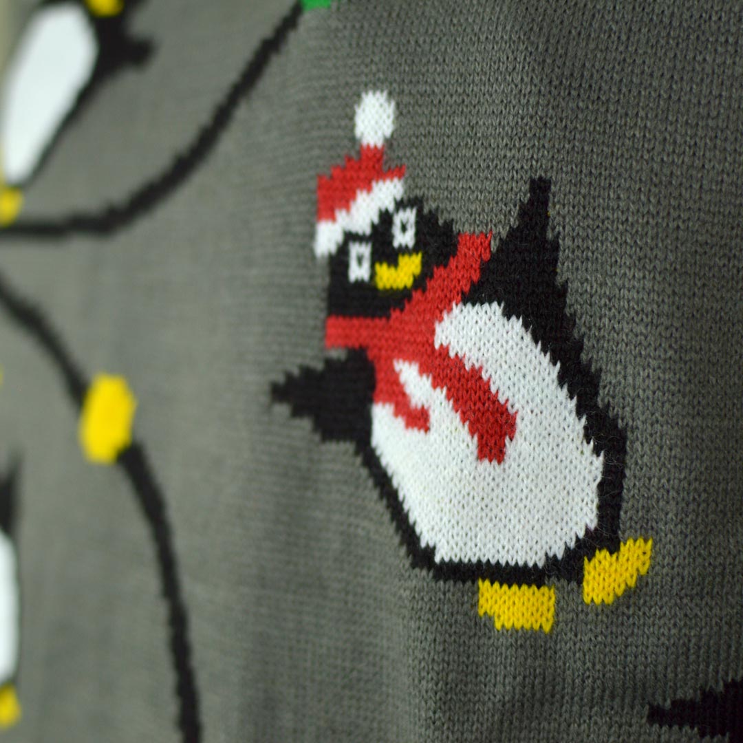 LED light-up Men's Ugly Christmas Sweater with Penguins detail