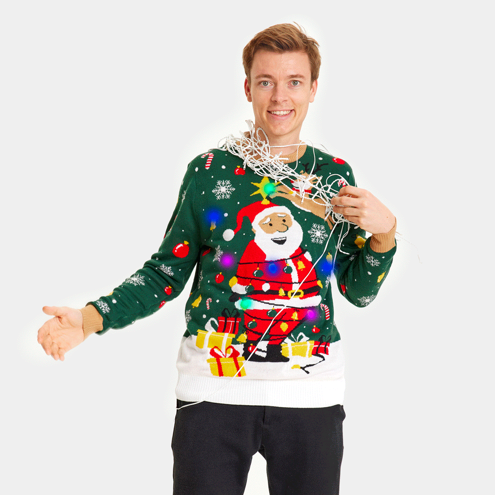 LED light-up Men's Ugly Christmas Sweater Santa Claus in a mess