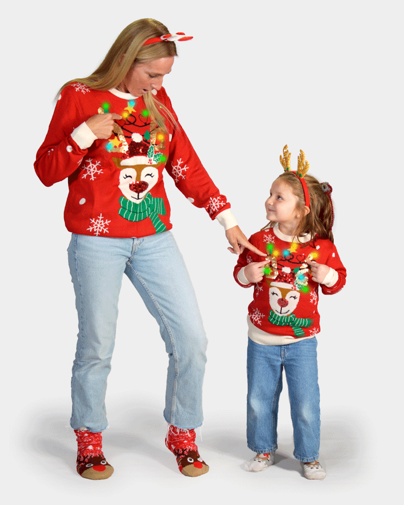 LED light-up Mens Ugly Christmas Sweater Sparkling Sequin Reindeer Family
