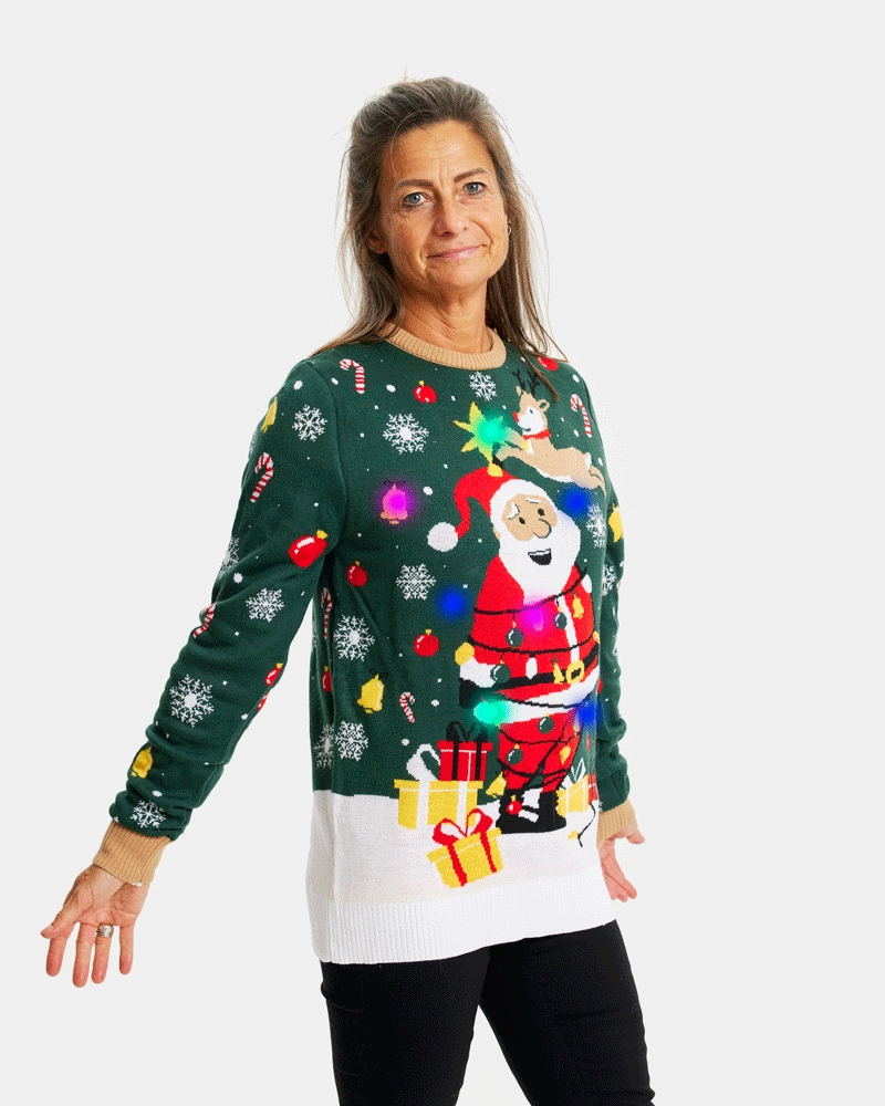LED light-up Women's Ugly Christmas Sweater Santa Claus in a mess