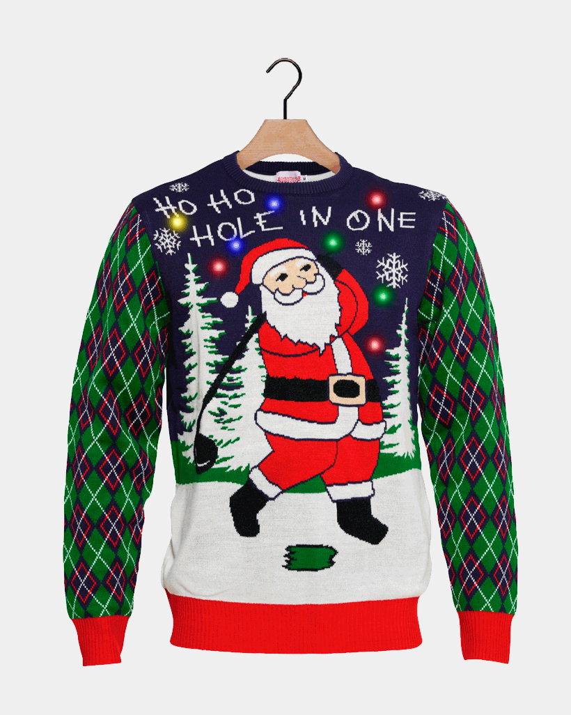 Couples LED light-up Ugly Christmas Sweater with Santa playing Golf
