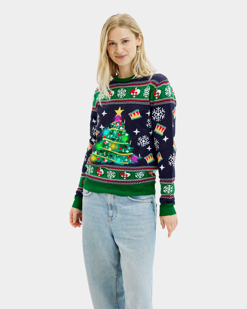 Blue LED light-up Women Ugly Christmas Sweater with Christmas Tree