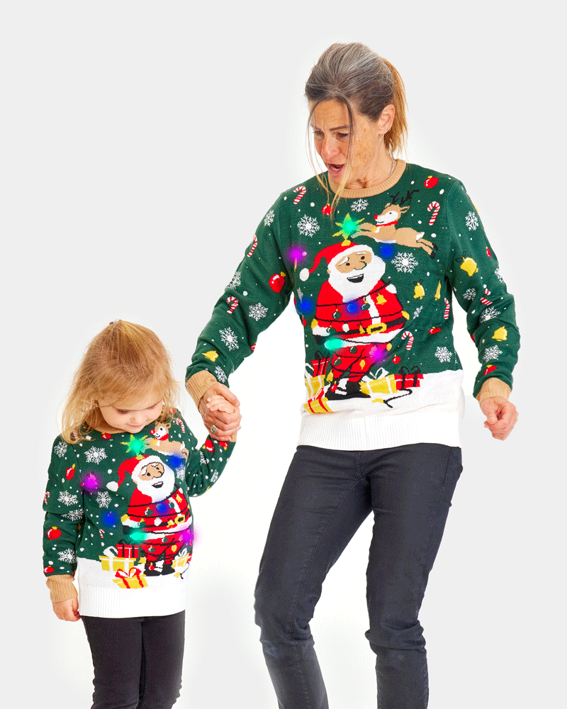 LED light-up Womens Children Ugly Christmas Sweater Santa Claus in a mess