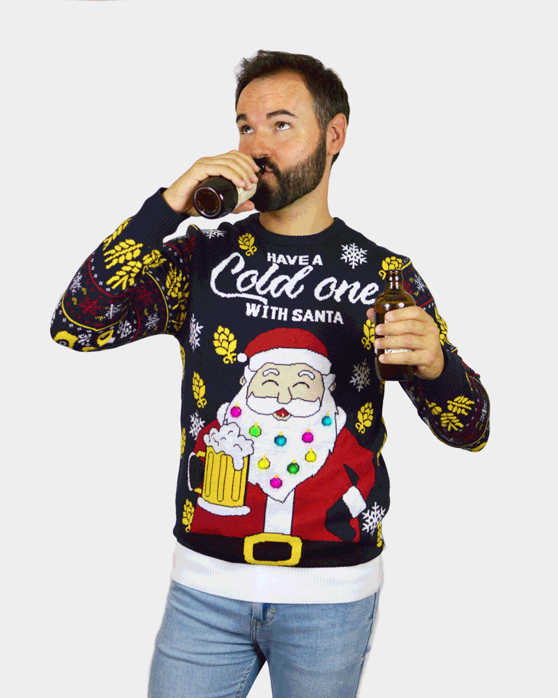 LED Light-Up Womens Mens Ugly Christmas Sweater Santa with Beer