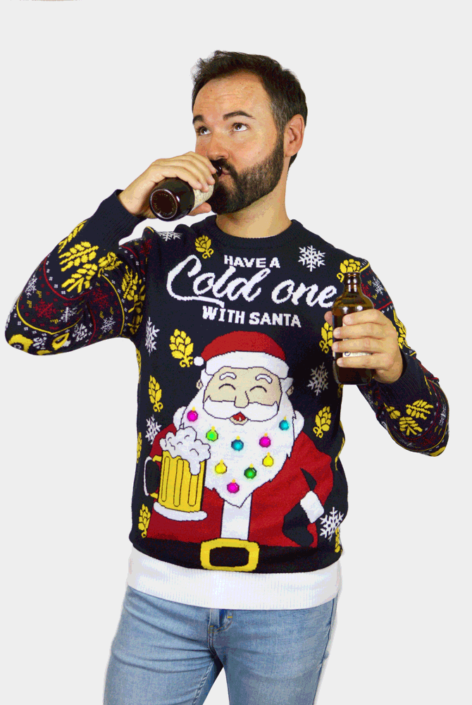 LED Light-Up Womens Mens Ugly Christmas Sweater Santa with Beer