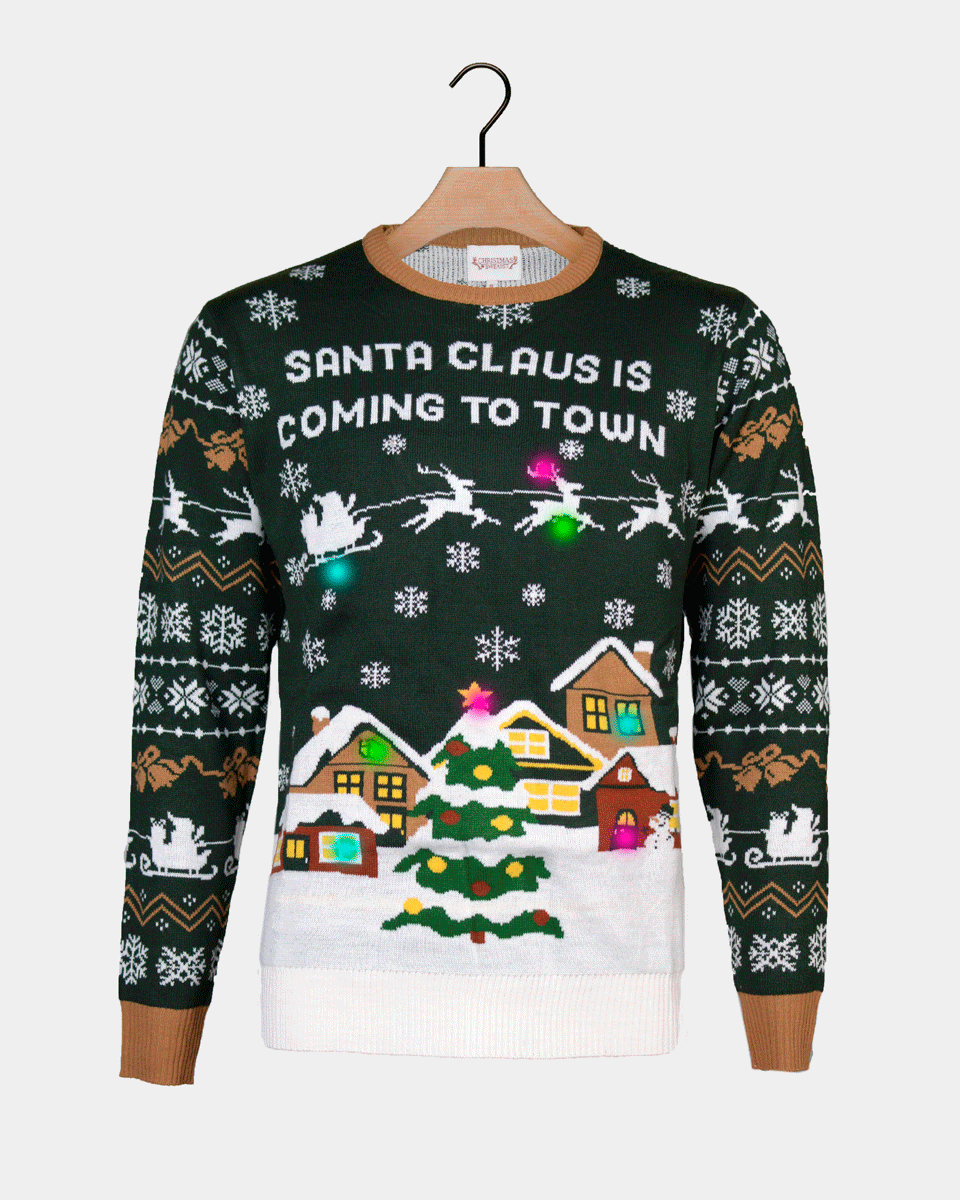 LED light-up Womens Ugly Christmas Sweater is Coming to Town Santa