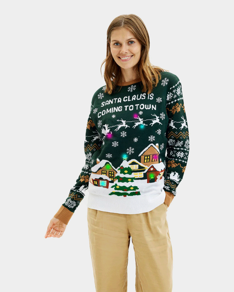 LED light-up Womens Ugly Christmas Sweater Santa is Coming to Town