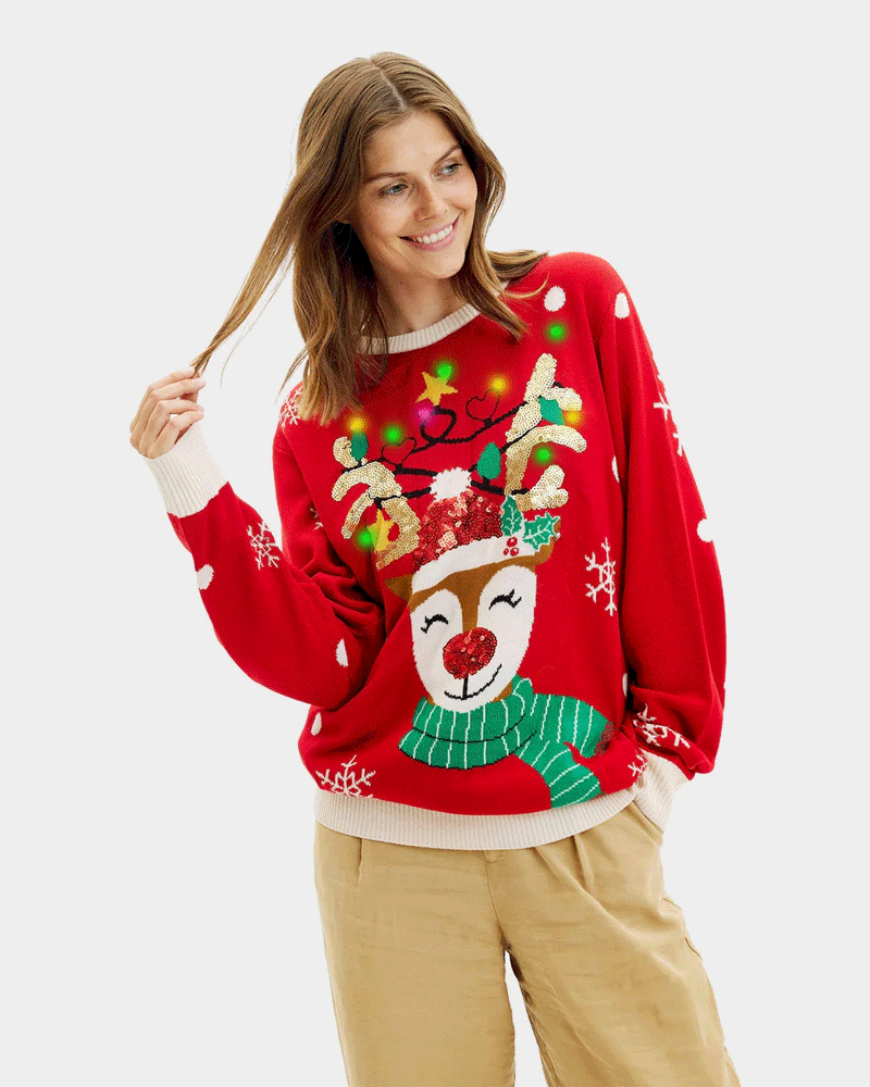 LED light-up Womens Ugly Christmas Sweater Sparkling Sequin Reindeer couple