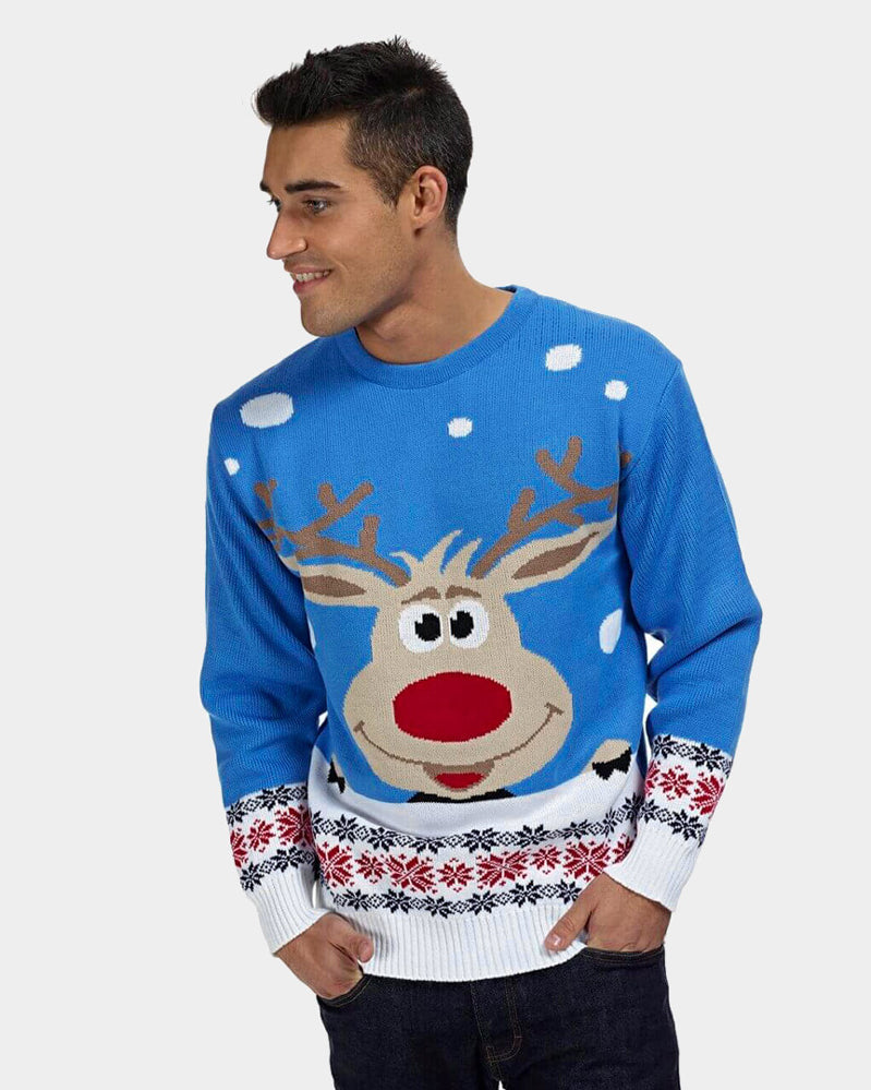 mens Light Blue Couple's Ugly Christmas Sweater with Reindeer and Snow