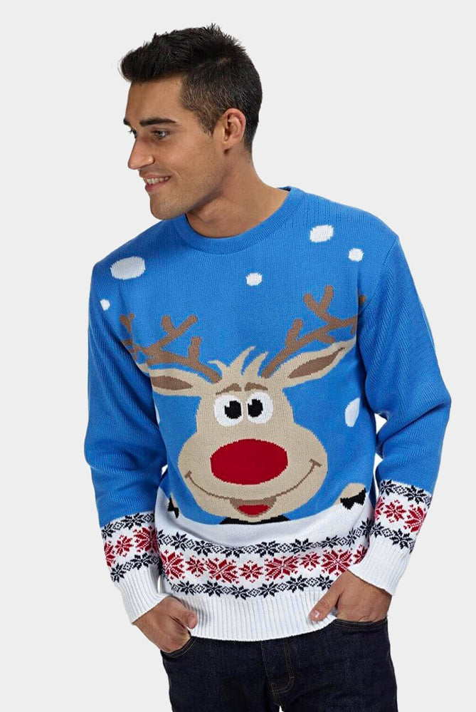 mens Light Blue Couple's Ugly Christmas Sweater with Reindeer and Snow