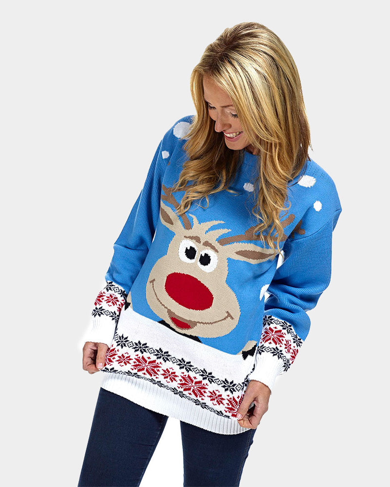 Light Blue Couple's Ugly Christmas Sweater with Reindeer and Snow womens