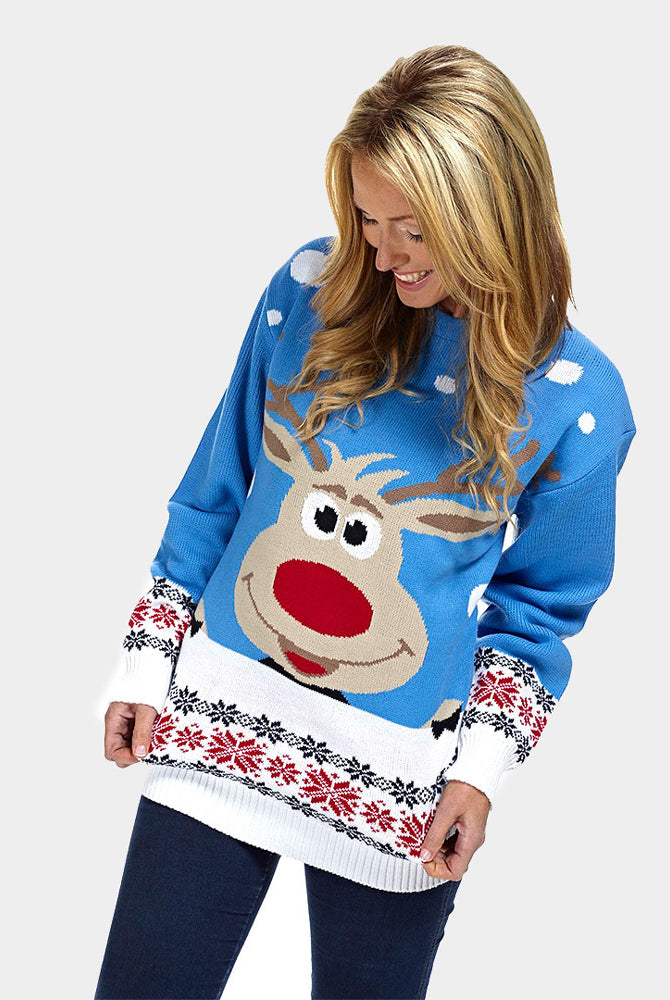 Light Blue Couple's Ugly Christmas Sweater with Reindeer and Snow womens